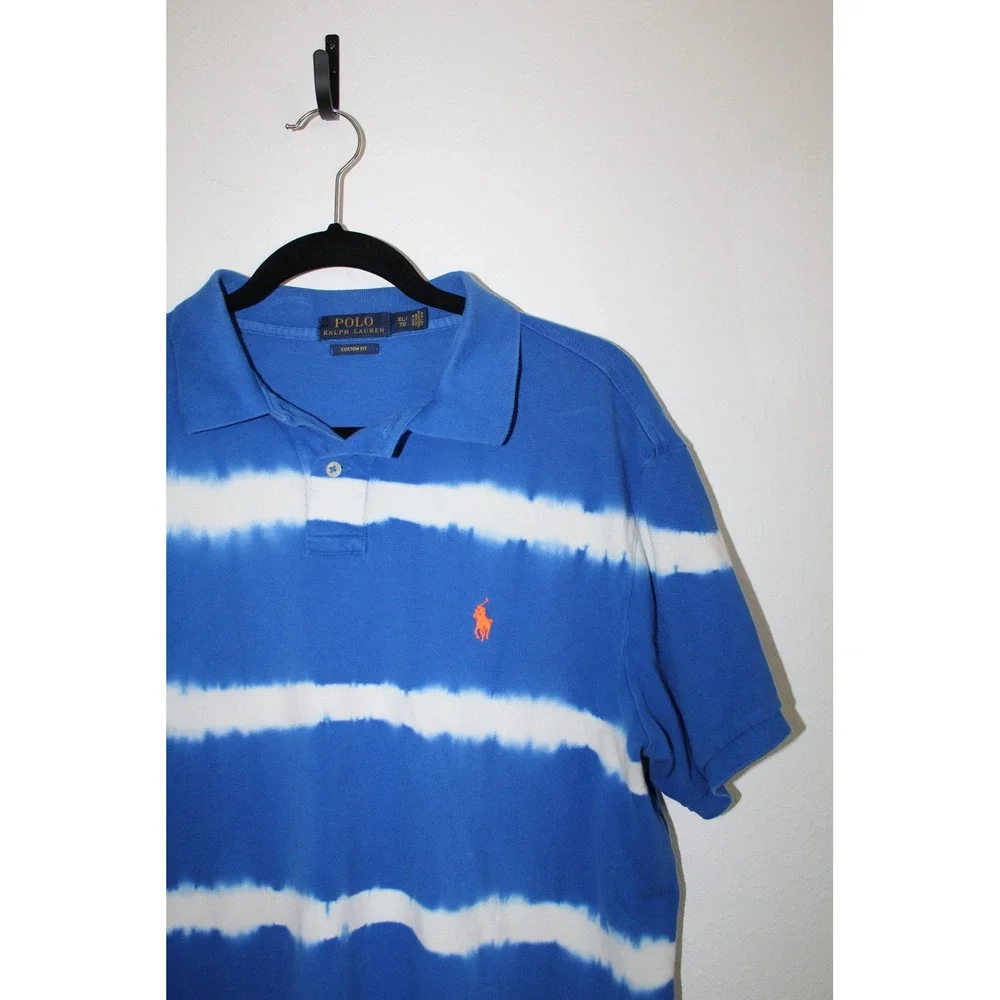 Polo Ralph Lauren Mens XL Custom Fit Tie Dye Stripe Polo Shirt Blue White Orange